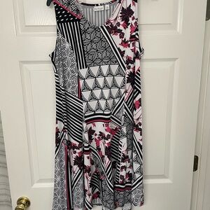 Kim Rogers Black and White Geometric Dress with Pink Floral Accents